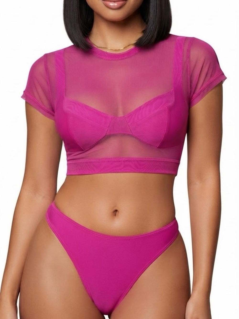NWT Good American Cropped Mesh Tee Pink Glow Sheer Top Boxy Fit CoverUp Large